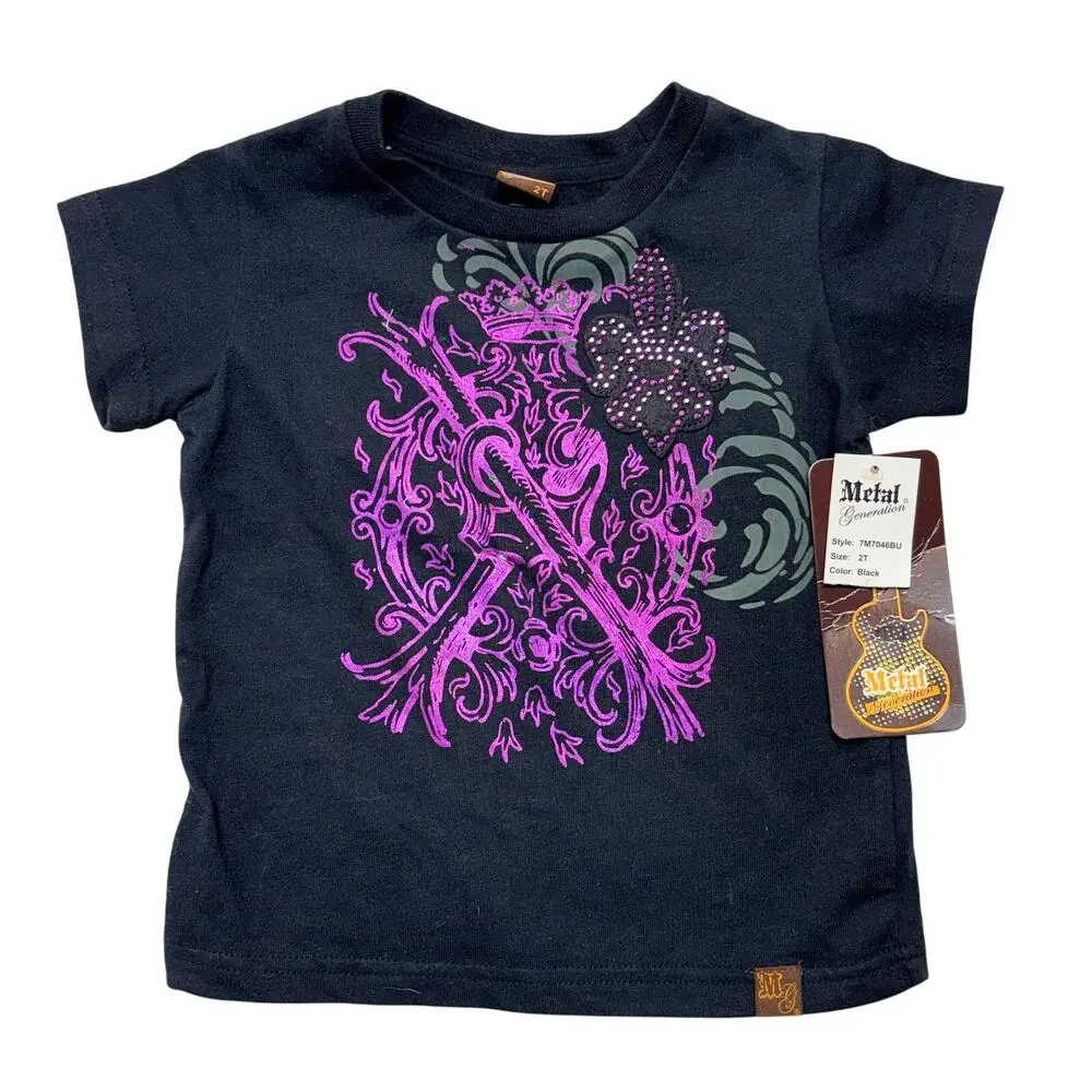 Metal Generation T Shirt Toddler Girls 2T Black Pink Rhinestone Fleur De Lis